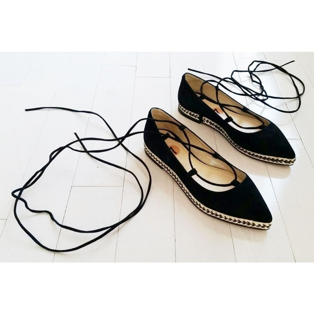 HELIA Made in Spain Pointy BLACK SUEDE Flat Strap SHOES Leather Upper ( 37 )